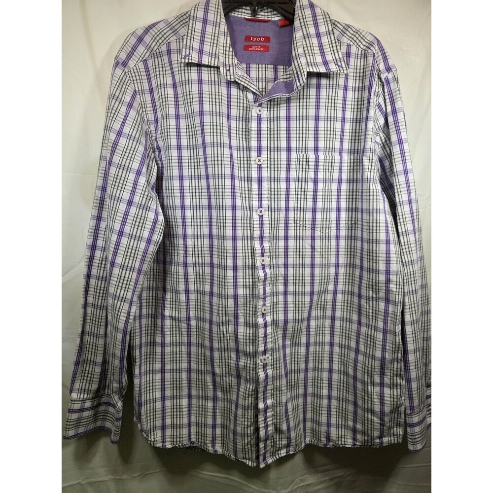 IZOD Shirt Mens L Plaid Purple Slim Fit Large